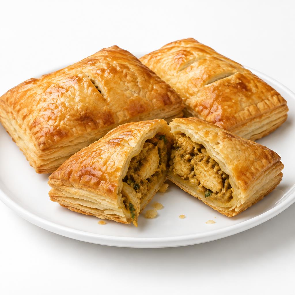 Freshly baked golden chicken puff with chicken filling