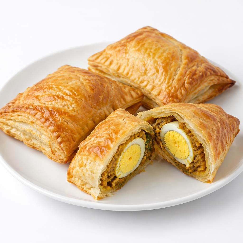 Golden flaky egg puff with egg filling on a wooden bakery tray