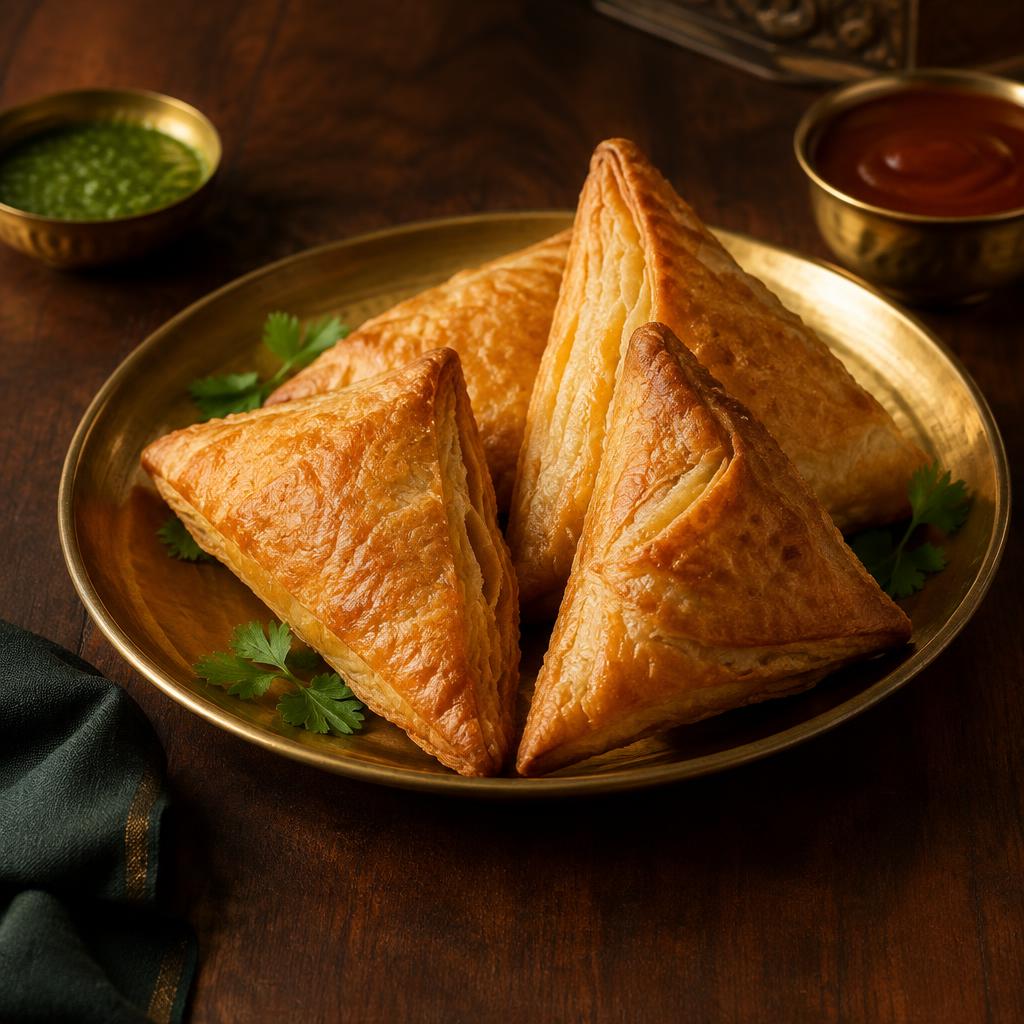 Golden crispy vegetable puff with colorful vegetable filling