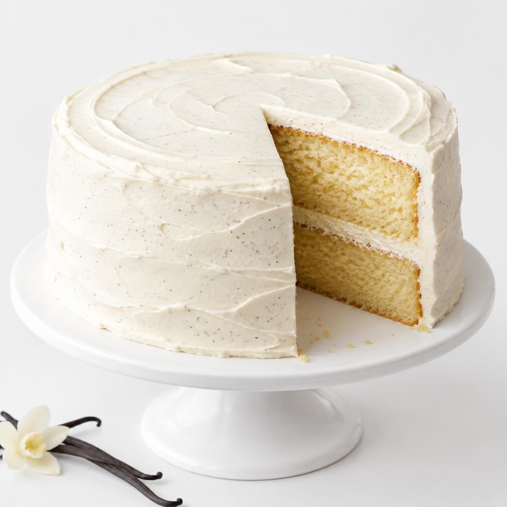 Vanilla cream cake with white frosting and decorative toppings
